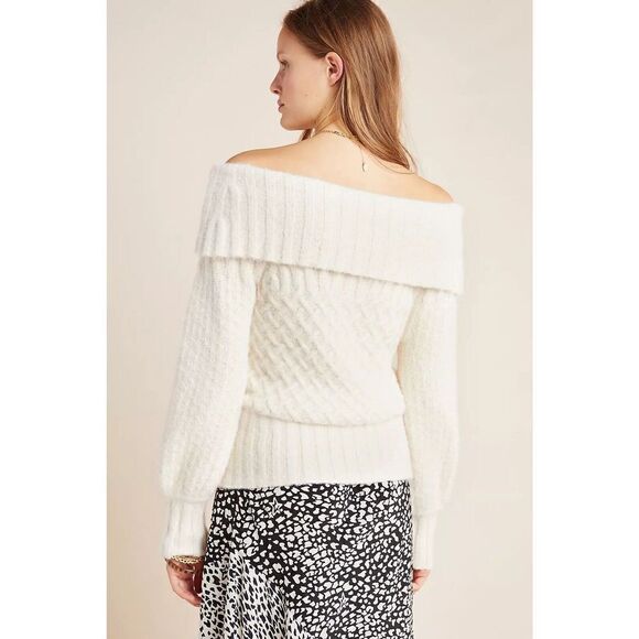 Anthropologie Ivory Off the Shoulder Margo Puff Sleeve Sweater SMALL - Picture 4 of 5